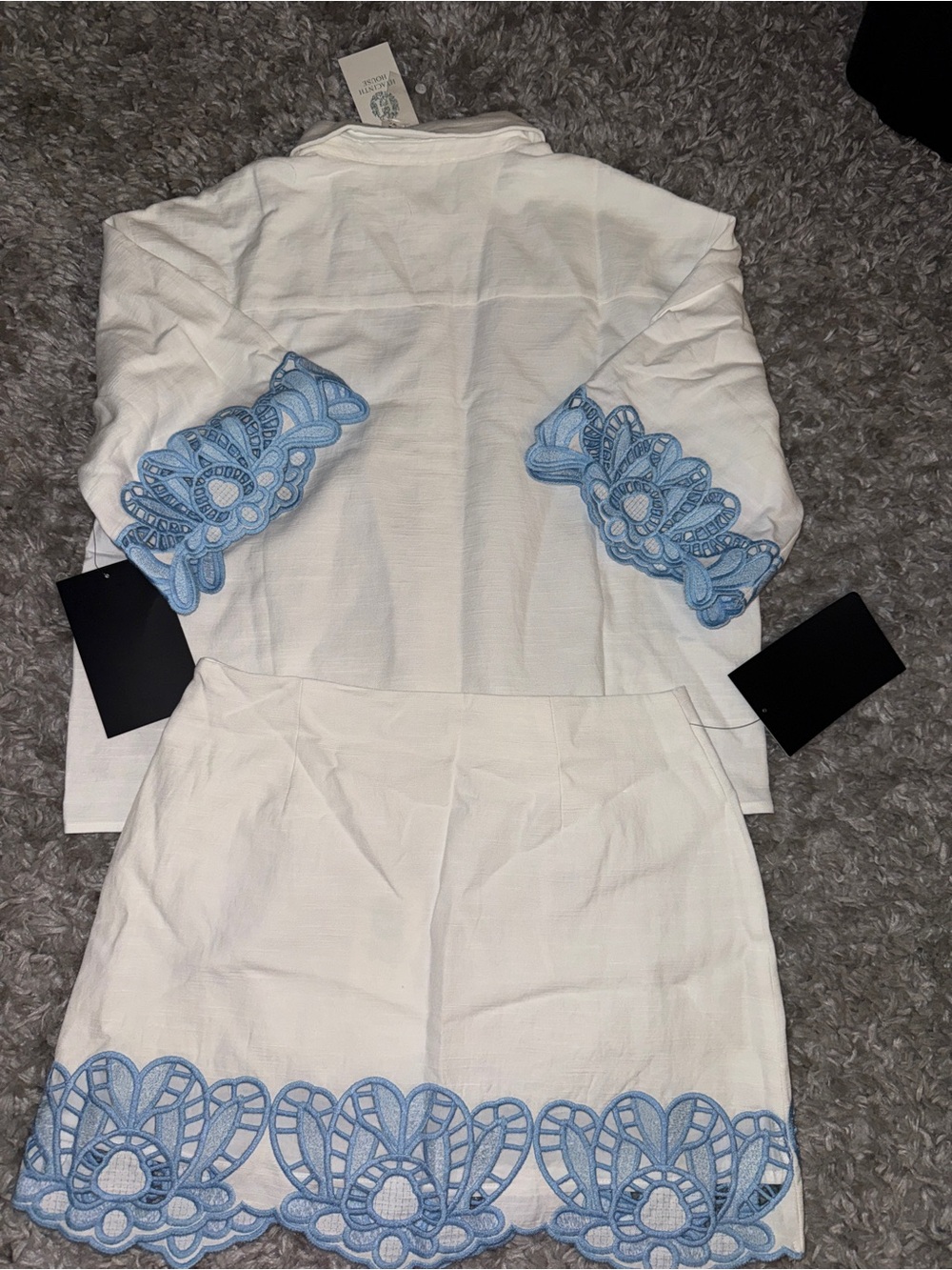 White Two-Piece Set with Blue Lace Trim - Women - Picture 2 of 4
